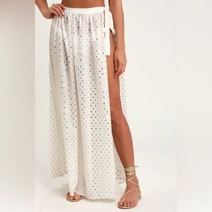 Lulus White Gold Polka Dot Cover Up Maxi Skirt Size S NWT